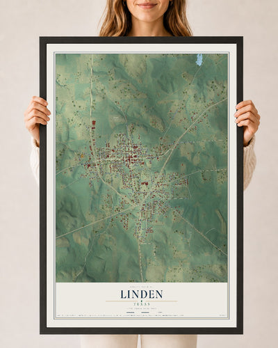 Map of Linden, Texas, 24 x 36 inch print in a black wood frame