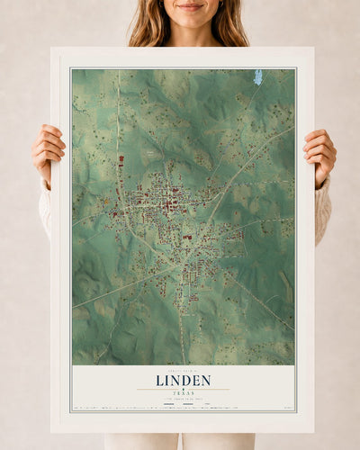 Map of Linden, Texas, 24 x 36 inch print in a white wood frame