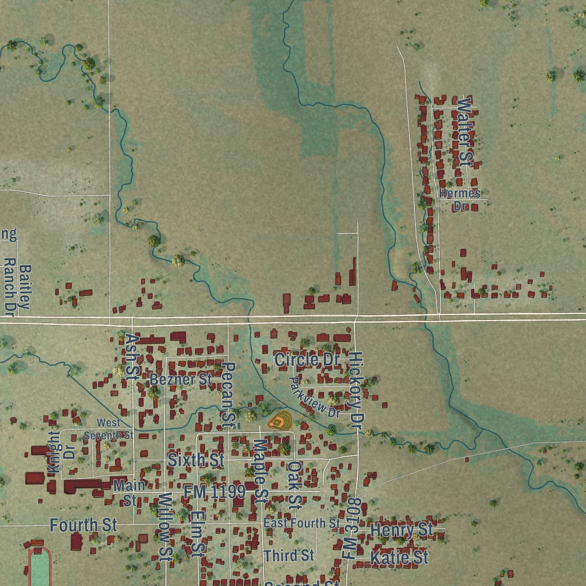 Close-up of the map of Lindsay, Texas print showing street and building detail