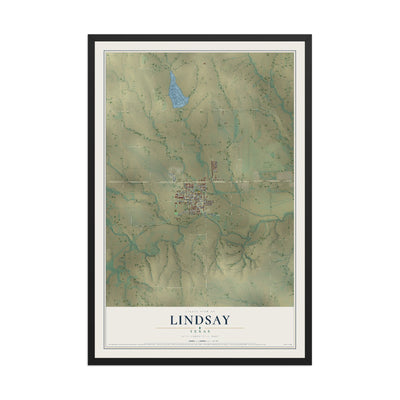 Map of Lindsay, Texas, 12 x 18 inch print in a black wood frame
