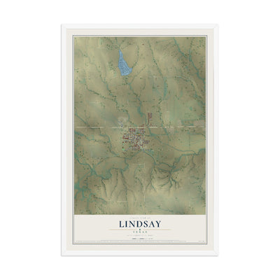 Map of Lindsay, Texas, 12 x 18 inch print in a white wood frame