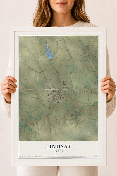 Map of Lindsay, Texas, 18 x 24 inch print in a white wood frame