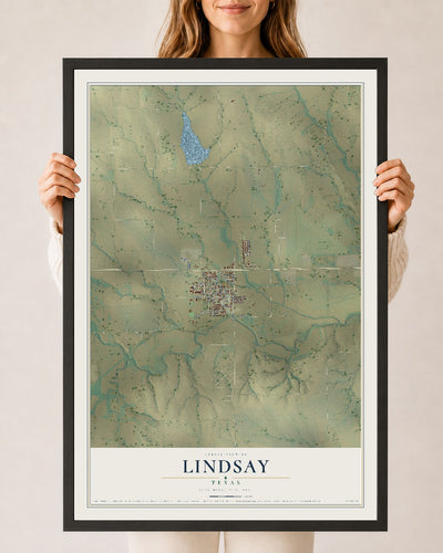 Map of Lindsay, Texas, 24 x 36 inch print in a black wood frame