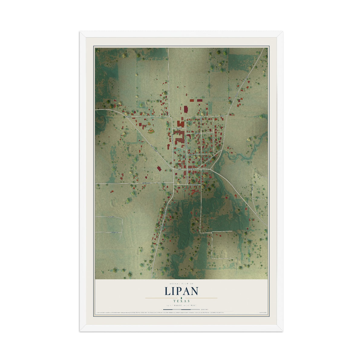 Map of Lipan, Texas, 12 x 18 inch print in a white wood frame