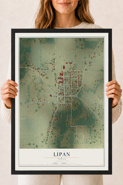Map of Lipan, Texas, 18 x 24 inch print in a black wood frame