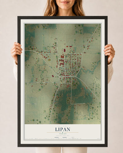 Map of Lipan, Texas, 24 x 36 inch print in a black wood frame