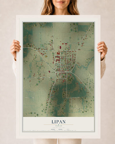 Map of Lipan, Texas, 24 x 36 inch print in a white wood frame