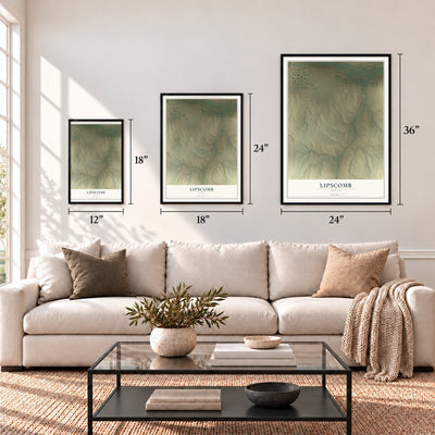 Lipscomb, Texas map in 12 x 18, 18 x 24 and 24 x 36 inch sizes above a sofa