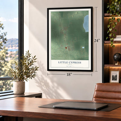 Little Cypress, Texas map, 18 x 24 inch print in a black frame in a home office