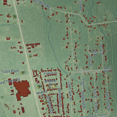 Close-up of the map of Little Cypress, Texas print showing street and building detail