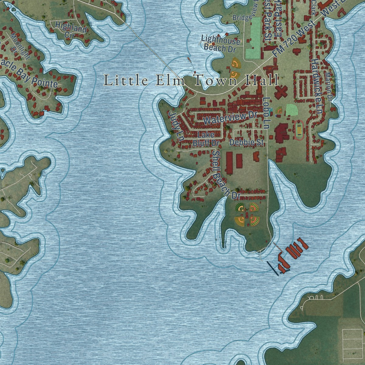 Second close-up of the map of Little Elm, Texas print showing more streets and buildings