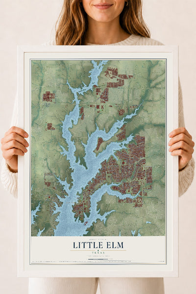 Map of Little Elm, Texas, 18 x 24 inch print in a white wood frame