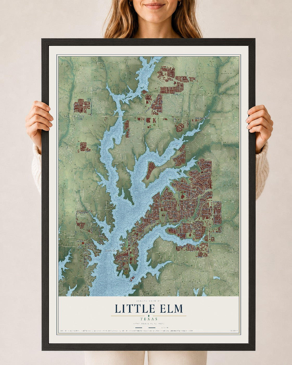 Map of Little Elm, Texas, 24 x 36 inch print in a black wood frame