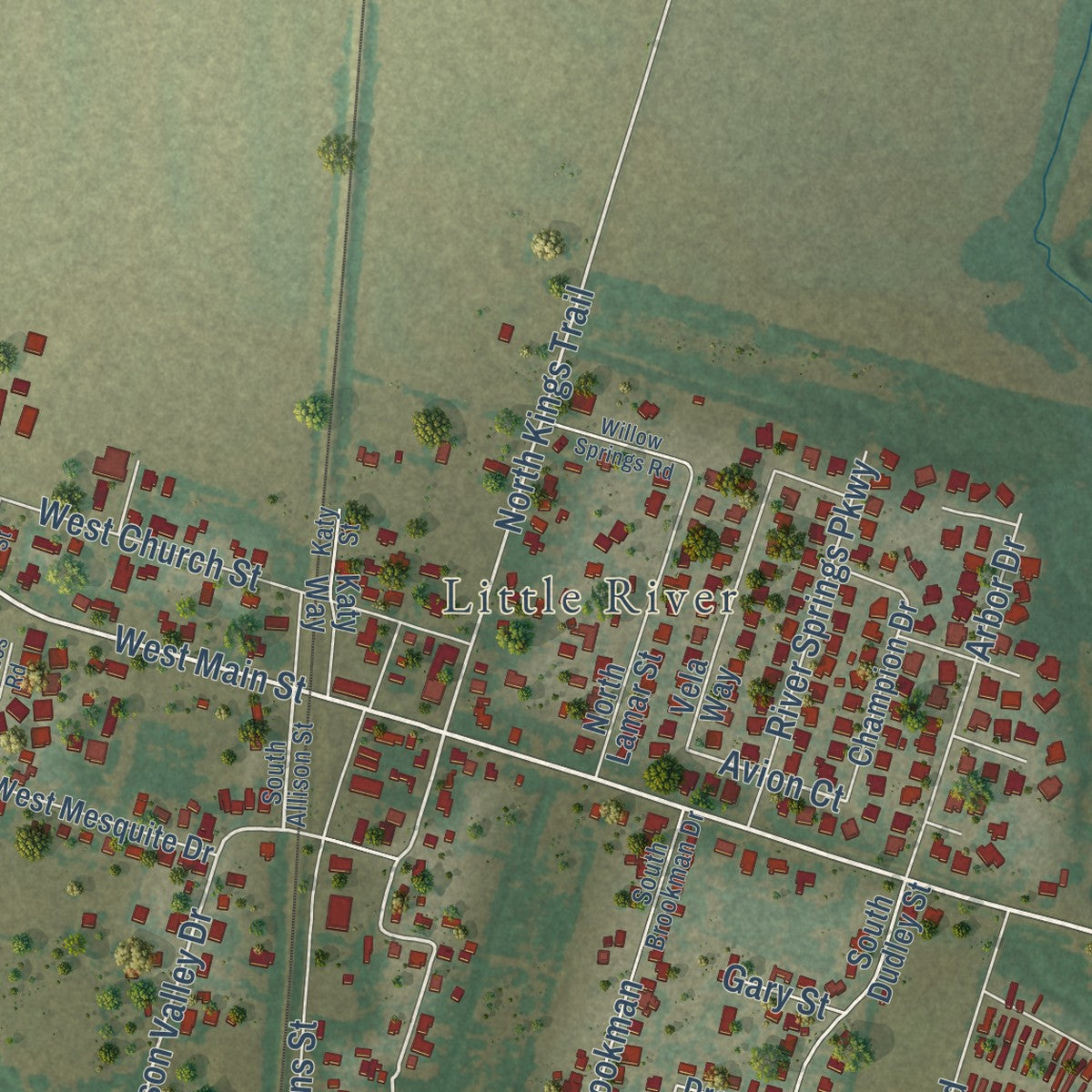 Close-up of the map of Little River-Academy, Texas print showing street and building detail
