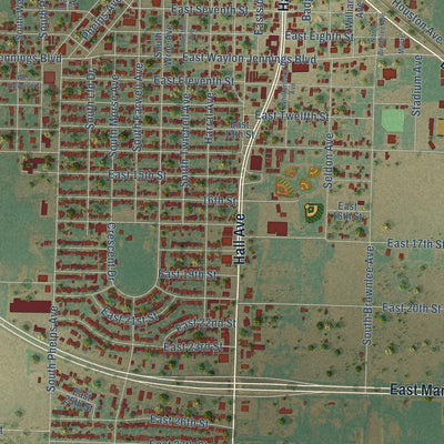 Close-up of the map of Littlefield, Texas print showing street and building detail
