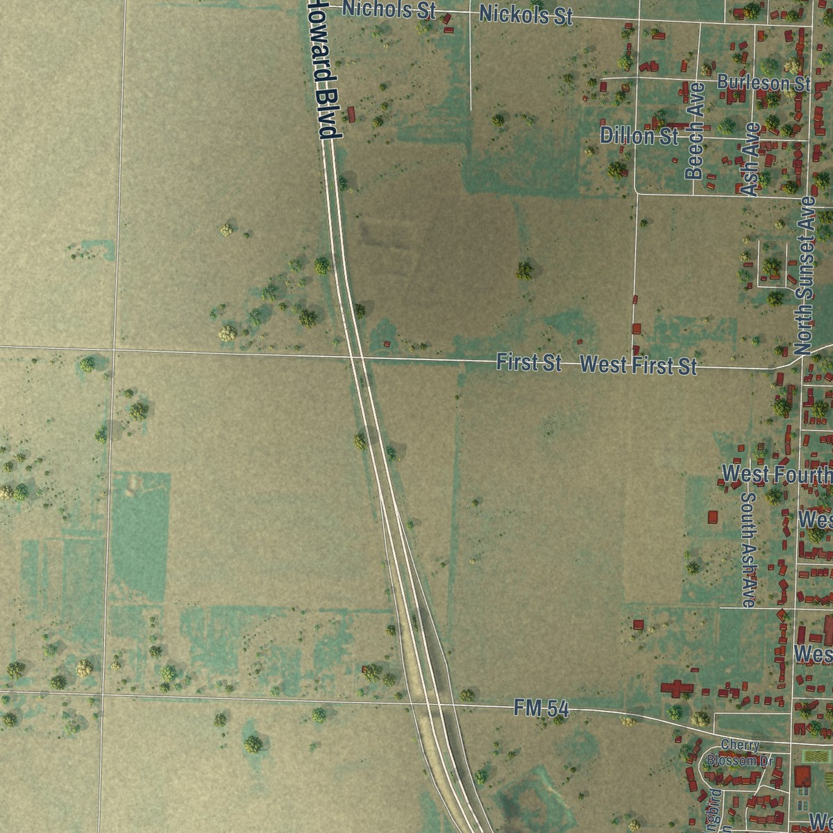 Second close-up of the map of Littlefield, Texas print showing more streets and buildings