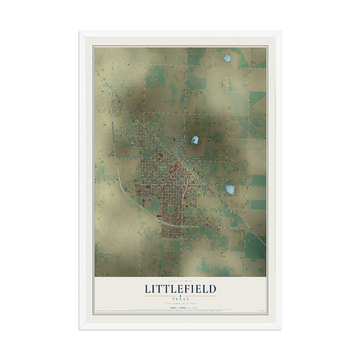Map of Littlefield, Texas, 12 x 18 inch print in a white wood frame
