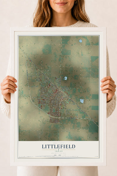 Map of Littlefield, Texas, 18 x 24 inch print in a white wood frame