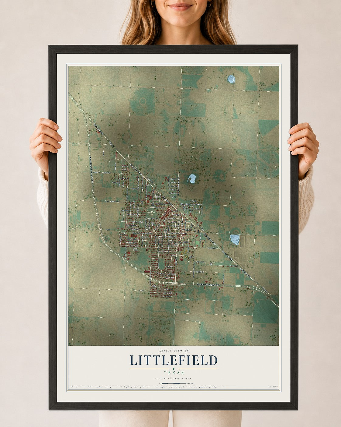 Map of Littlefield, Texas, 24 x 36 inch print in a black wood frame