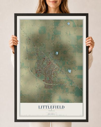 Map of Littlefield, Texas, 24 x 36 inch print in a black wood frame