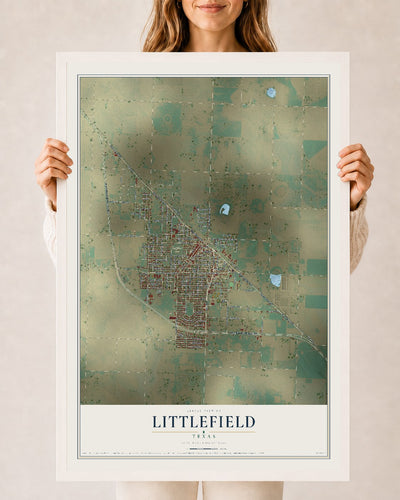 Map of Littlefield, Texas, 24 x 36 inch print in a white wood frame