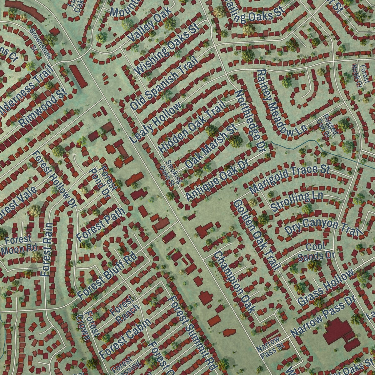 Close-up of the map of Live Oak, Texas print showing street and building detail