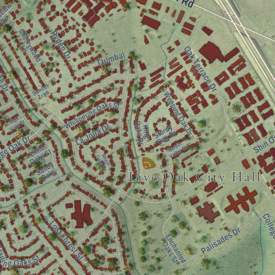 Second close-up of the map of Live Oak, Texas print showing more streets and buildings