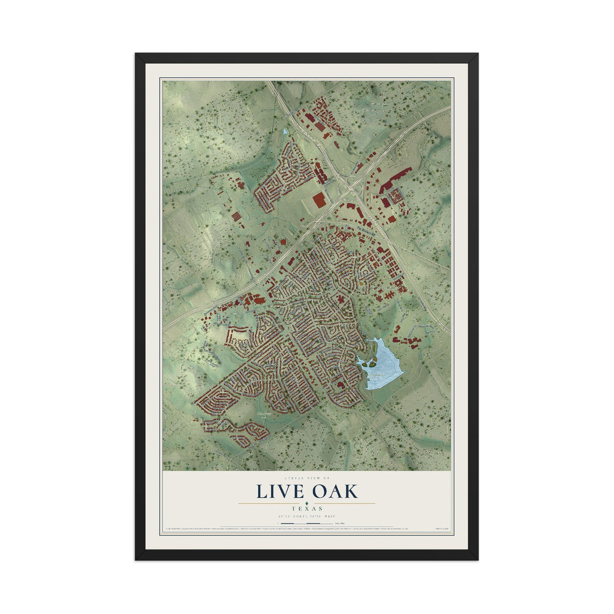 Map of Live Oak, Texas, 12 x 18 inch print in a black wood frame