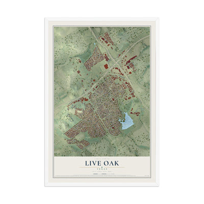 Map of Live Oak, Texas, 12 x 18 inch print in a white wood frame
