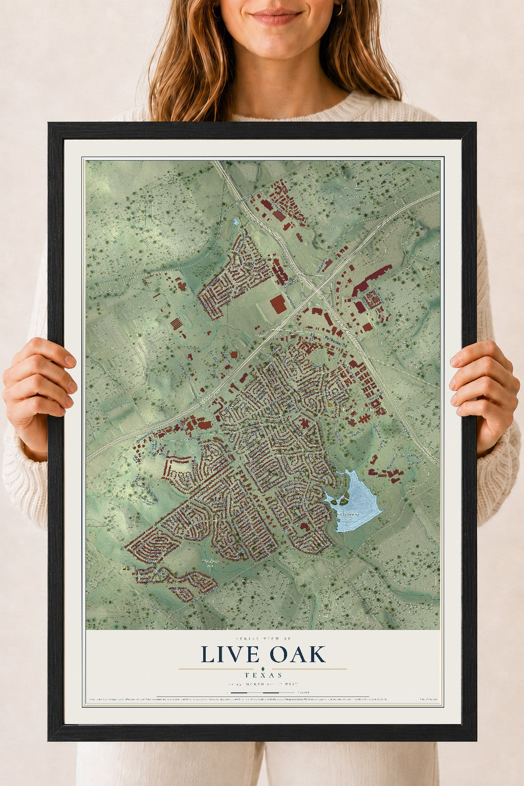 Map of Live Oak, Texas, 18 x 24 inch print in a black wood frame