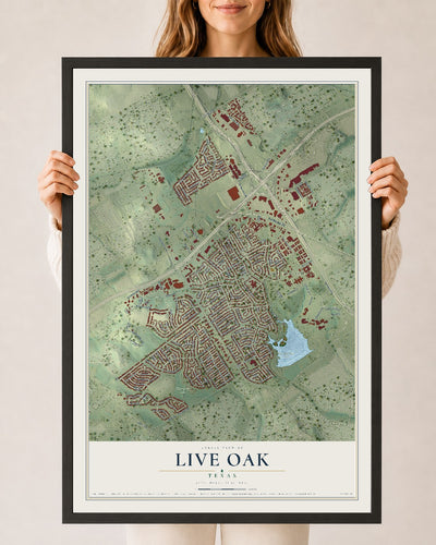 Map of Live Oak, Texas, 24 x 36 inch print in a black wood frame