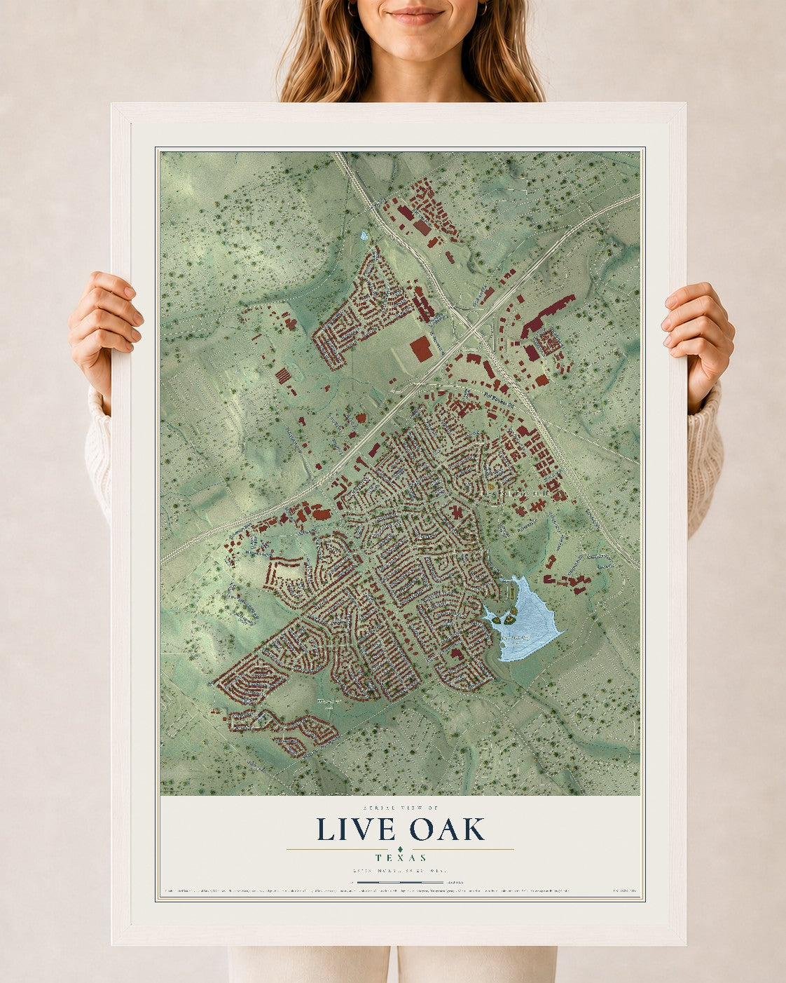 Map of Live Oak, Texas, 24 x 36 inch print in a white wood frame