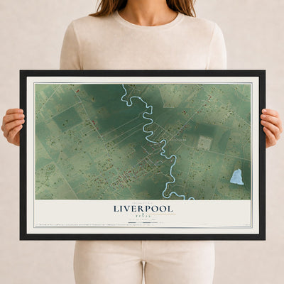Map of Liverpool, Texas, 12 x 18 inch print in a black wood frame