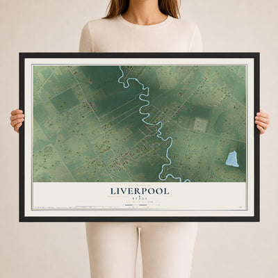 Map of Liverpool, Texas, 24 x 36 inch print in a black wood frame