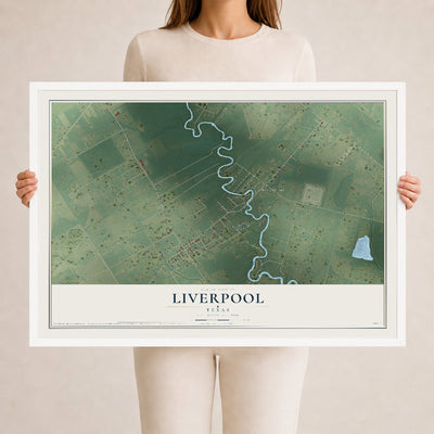 Map of Liverpool, Texas, 24 x 36 inch print in a white wood frame