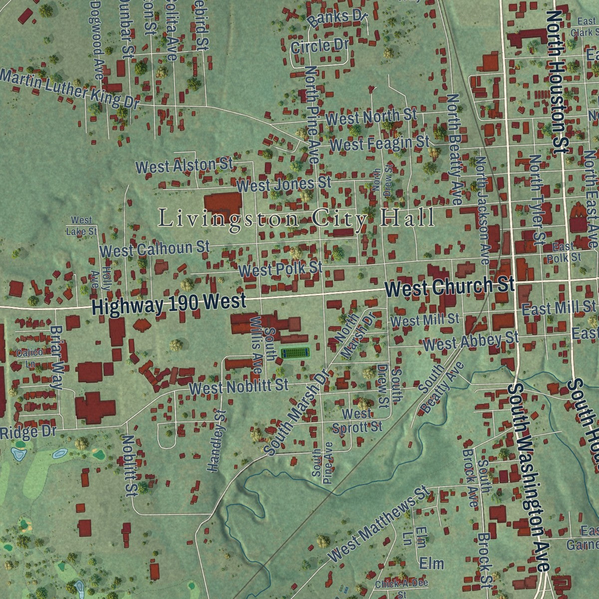 Close-up of the map of Livingston, Texas print showing street and building detail