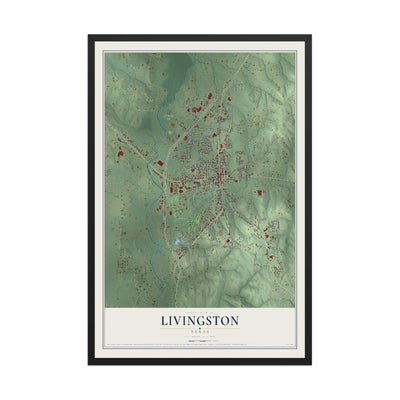 Map of Livingston, Texas, 12 x 18 inch print in a black wood frame