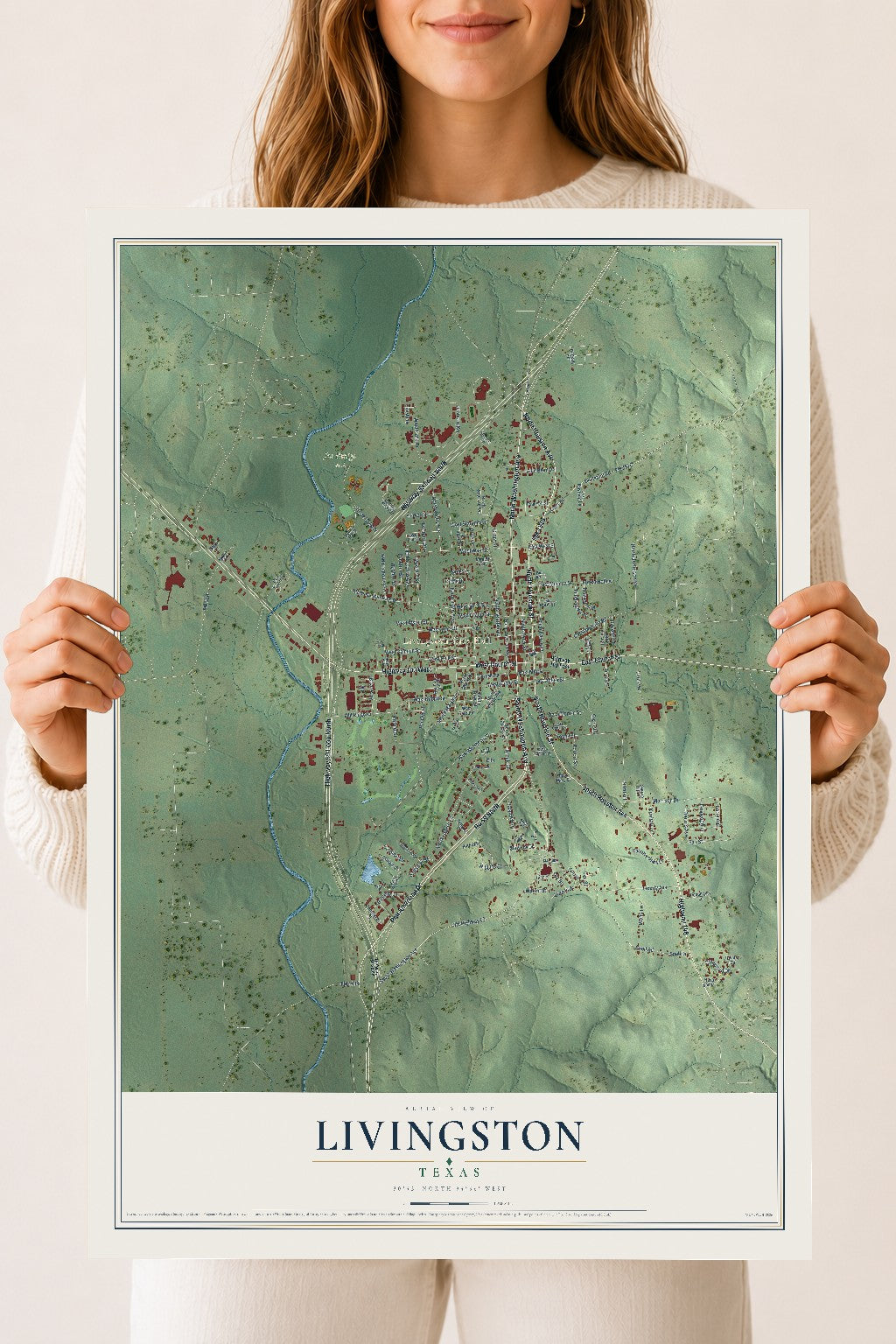 Map of Livingston, Texas, 18 x 24 inch unframed archival matte print
