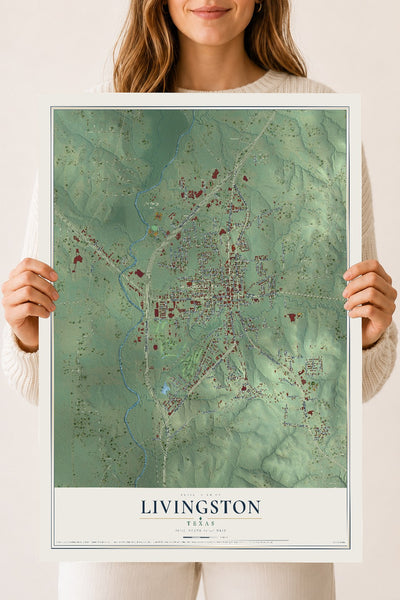 Map of Livingston, Texas, 18 x 24 inch unframed archival matte print