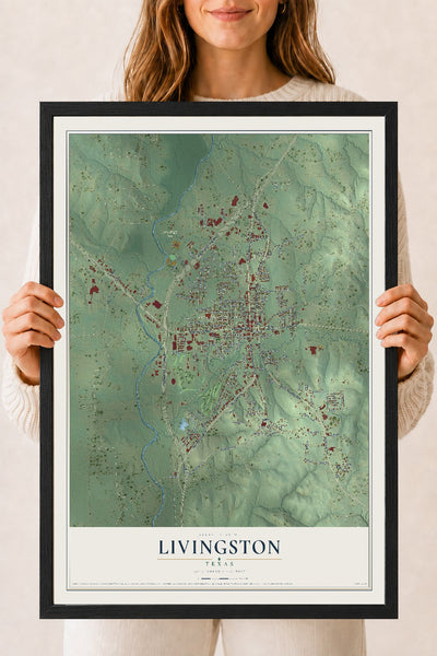 Map of Livingston, Texas, 18 x 24 inch print in a black wood frame