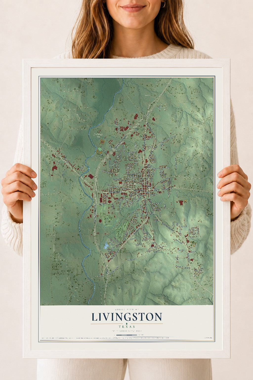 Map of Livingston, Texas, 18 x 24 inch print in a white wood frame