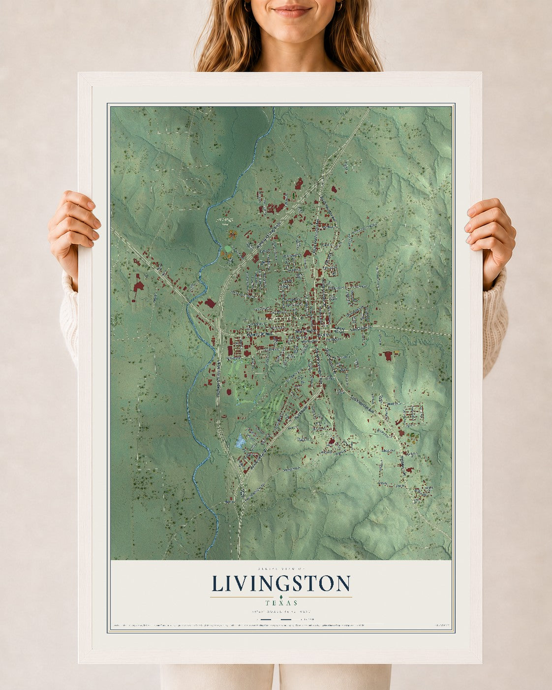 Map of Livingston, Texas, 24 x 36 inch print in a white wood frame
