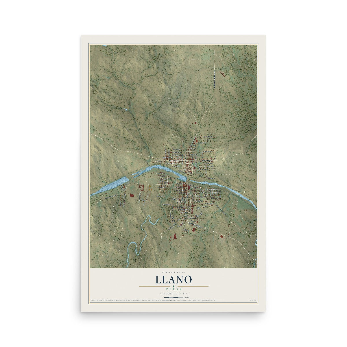 Map of Llano, Texas, 12 x 18 inch unframed archival matte print