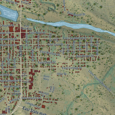 Close-up of the map of Llano, Texas print showing street and building detail