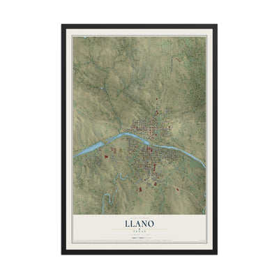 Map of Llano, Texas, 12 x 18 inch print in a black wood frame
