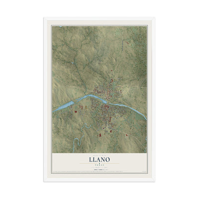 Map of Llano, Texas, 12 x 18 inch print in a white wood frame
