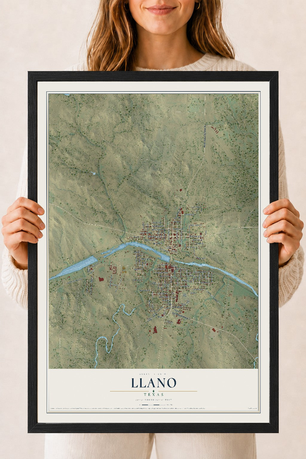 Map of Llano, Texas, 18 x 24 inch print in a black wood frame