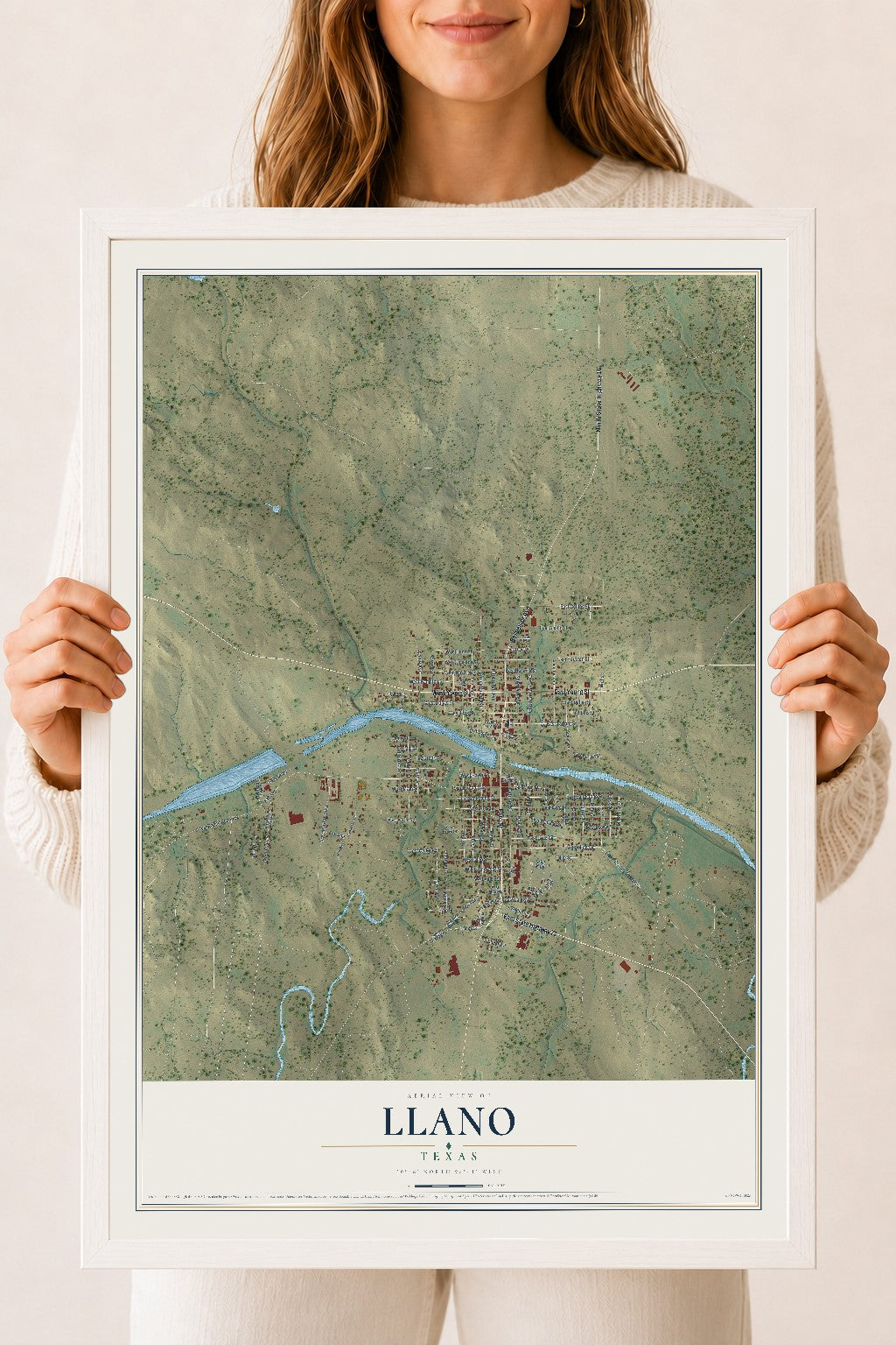 Map of Llano, Texas, 18 x 24 inch print in a white wood frame