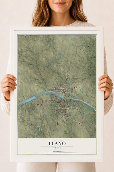 Map of Llano, Texas, 18 x 24 inch print in a white wood frame