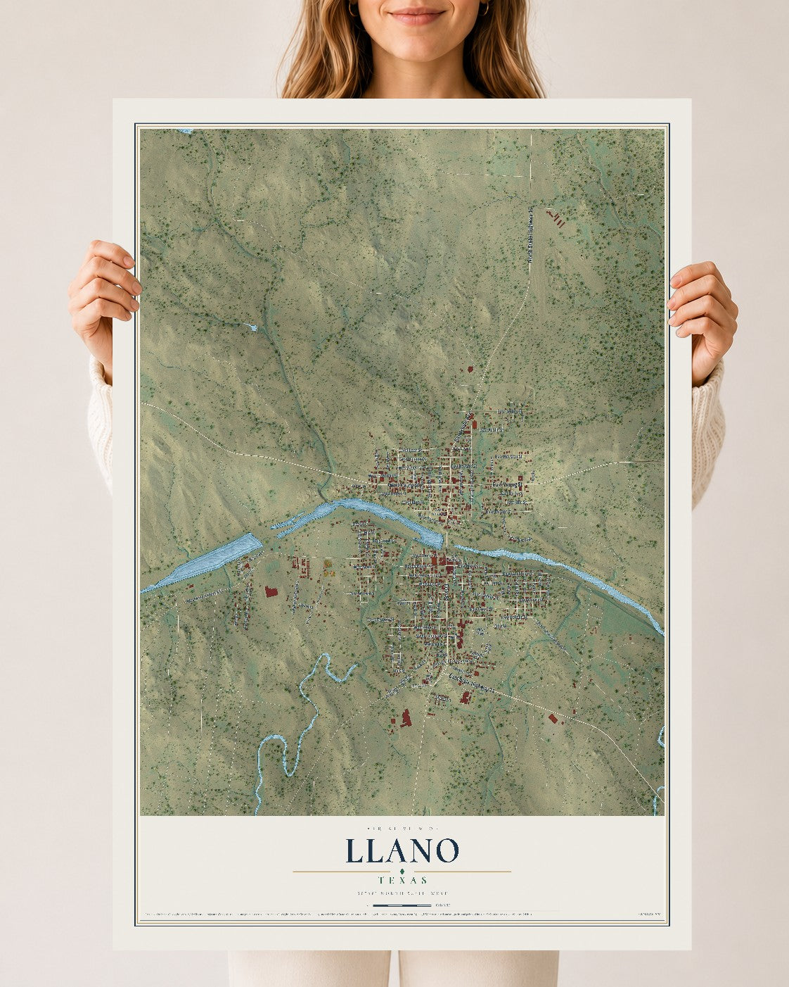 Map of Llano, Texas, 24 x 36 inch unframed archival matte print